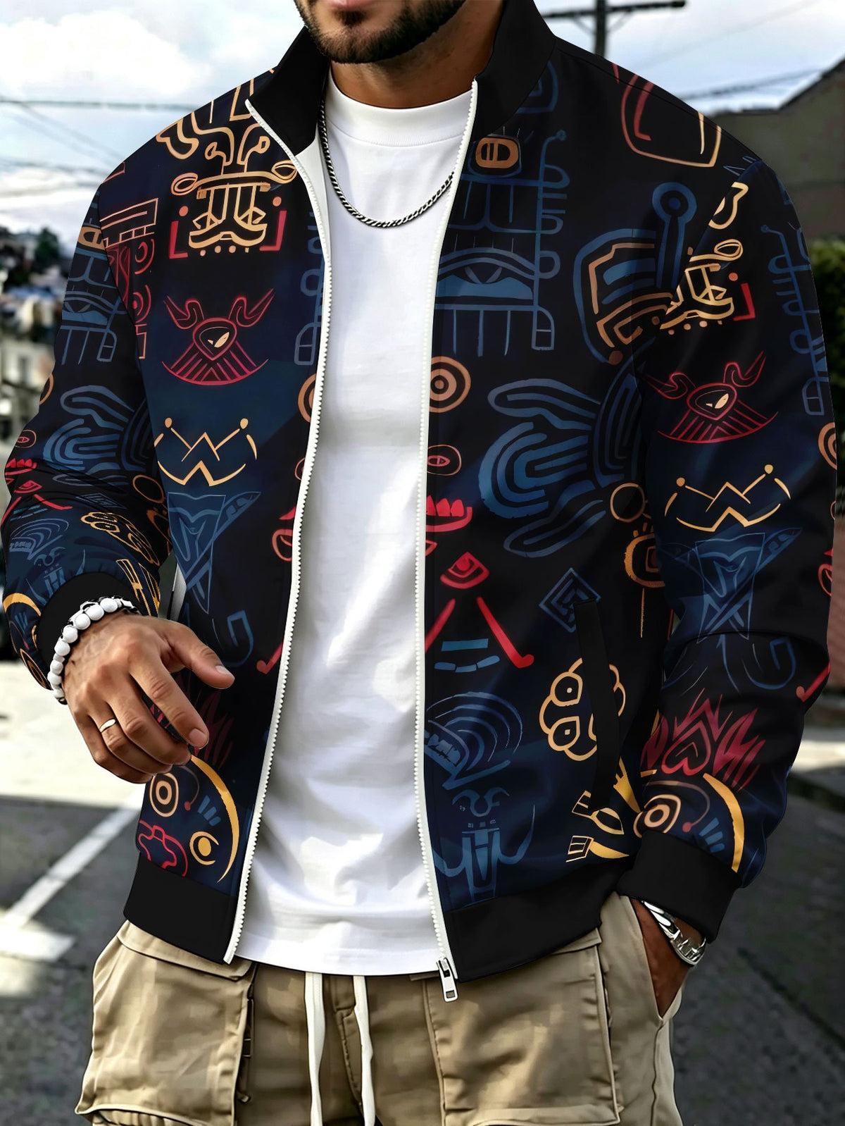 Men'S Novelty Fashion Sports Jacket, Black Golden Indigenous Face Print, Stand-Up Collar Zipper Autumn Winter Style Casual Outing Leisure Commute Versatile Trendy Open Front Coat - Mixed colors