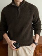 Men's Solid Gray Half-Zip Sweater with Stand Collar & Raglan Sleeves - Warm Winter Knit Pullover, Loose Fit Vertical Rib Texture Suitable for Casual and Light Business Wear, Machine Washable Fall/Winter Sweater - Coffee Color