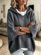 Women's Elegant Casual Style Cute and Sexy Hooded Sweatshirt, Cropped Batwing Sleeve Top, Short Sleeve, Mid-Sleeve Cardigan, Knitwear, Solid Color, Soft and Warm Sweater - Deep Grey