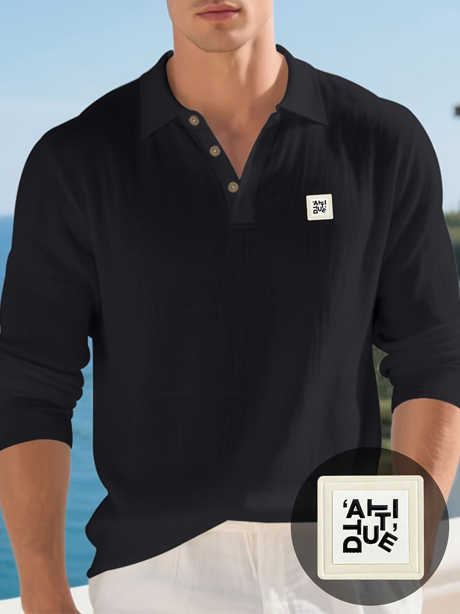 Men'S Linen Polo Shirt, Long Sleeve Casual Button-Up Top Made of Soft Natural Linen Fabric, Breathable Lightweight Construction with Relaxed Fit, Ideal Summer Clothing for Beach Vacations, Tropical Travel, Business Casual, And Leisure Style - Black