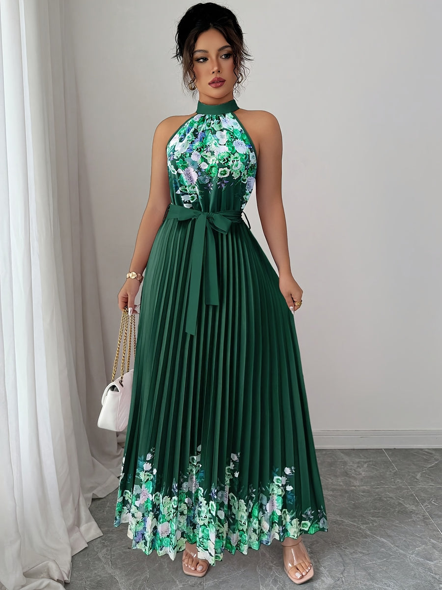 Fashionable New Women'S Summer Halter Floral Print Pleated Dress - Dark Green