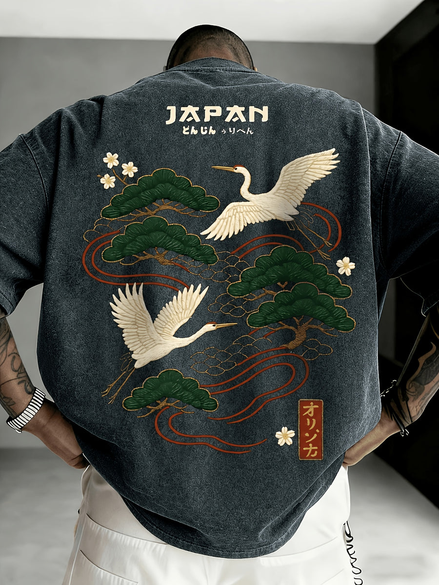 Printed Design - Not Textured: Tang Yunshu American Sporty Style Trendy Men's Japanese National Chic Printed Short Sleeve Shirt, Distressed Washed Finish + Exquisite Crane and Pine Tree Pattern, Crisp Wrinkle-Resistant and Wear-Resistant Fabric - Navy Color