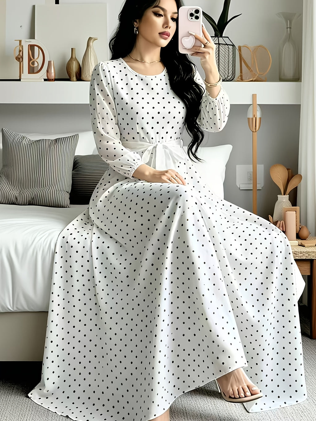 Polka Dot Printed Women'S Fashion Dress with Round Neck, Long Sleeves, Belted Waist Design, Elegant Long Dress Suitable for Spring And Autumn, Perfect for Festivals And Travel - White