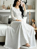 Polka Dot Printed Women'S Fashion Dress with Round Neck, Long Sleeves, Belted Waist Design, Elegant Long Dress Suitable for Spring And Autumn, Perfect for Festivals And Travel - White