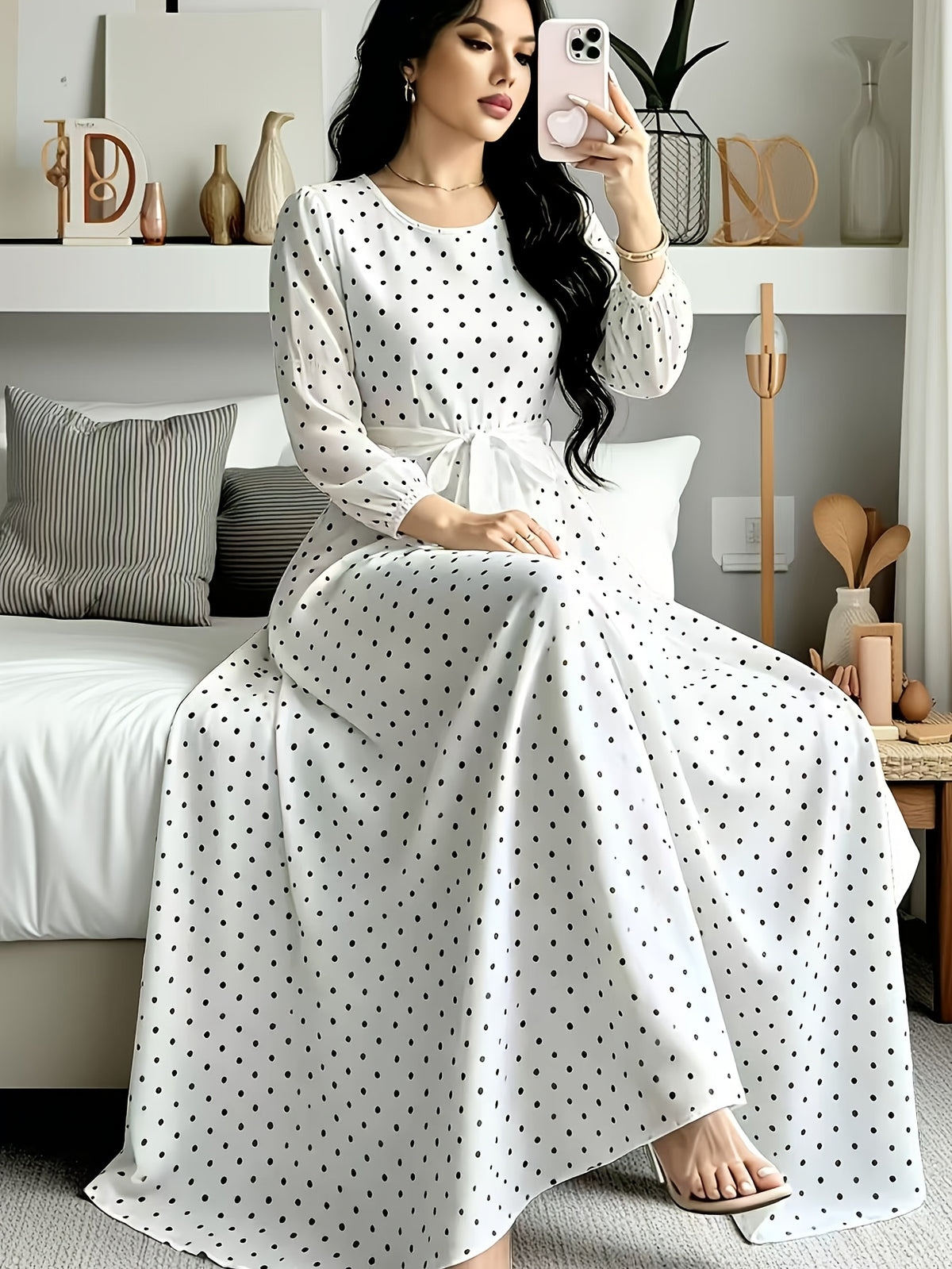 Polka Dot Printed Women'S Fashion Dress with Round Neck, Long Sleeves, Belted Waist Design, Elegant Long Dress Suitable for Spring And Autumn, Perfect for Festivals And Travel - White