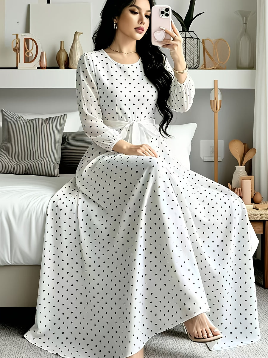 Polka Dot Printed Women'S Fashion Dress with Round Neck, Long Sleeves, Belted Waist Design, Elegant Long Dress Suitable for Spring And Autumn, Perfect for Festivals And Travel - White