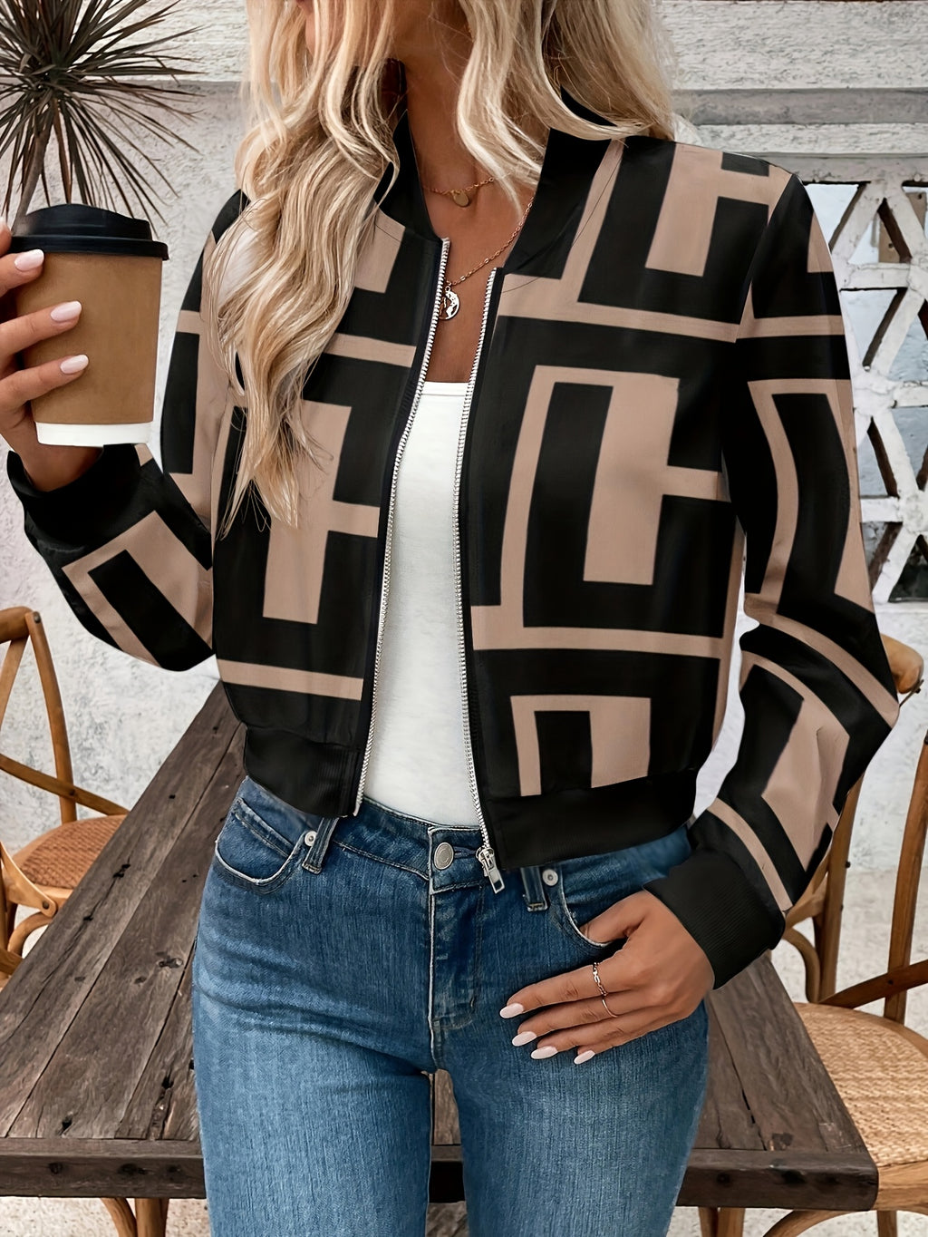 Women's Lightweight Geometric Print Zip-Up Bomber Jacket - Casual Long Sleeve, Machine Washable - Mixed colors