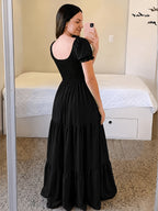 Four-Season Suitable Dress, Y2K Women's New Solid Color Square Neck Tie-Back Long Dress, Suitable for Streetwear, Commuting, Parties, Social Events, Vacations, Christmas, New Year, Valentine's Day, Women's New Clothing M186 - Black