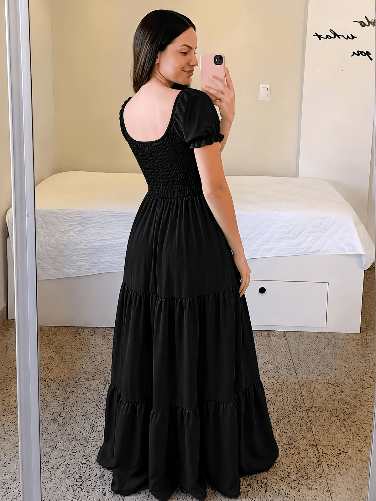 Four-Season Suitable Dress, Y2K Women's New Solid Color Square Neck Tie-Back Long Dress, Suitable for Streetwear, Commuting, Parties, Social Events, Vacations, Christmas, New Year, Valentine's Day, Women's New Clothing M186 - Black