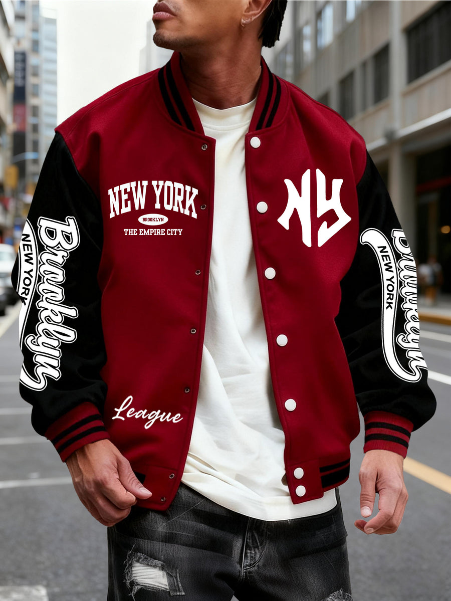 Men's Trendy Baseball Jacket with New York Style NY Letter Graphic Design - Contrast Sleeve Color Block Style - Button Closure with Stretchable Fabric, Versatile and Comfortable Jacket for All Seasons - Suitable for Outdoor Travel, Sports, and Friend - Burgundy