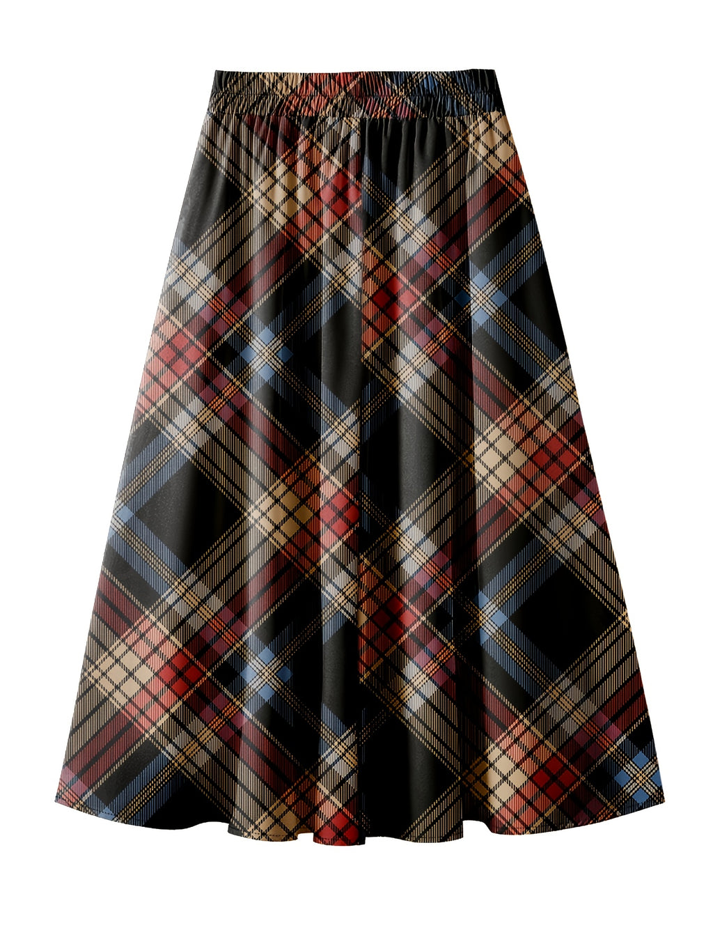 Classic Plaid Print Elastic Waist Skirt, A-line Flared Skirt for Women - Maroon