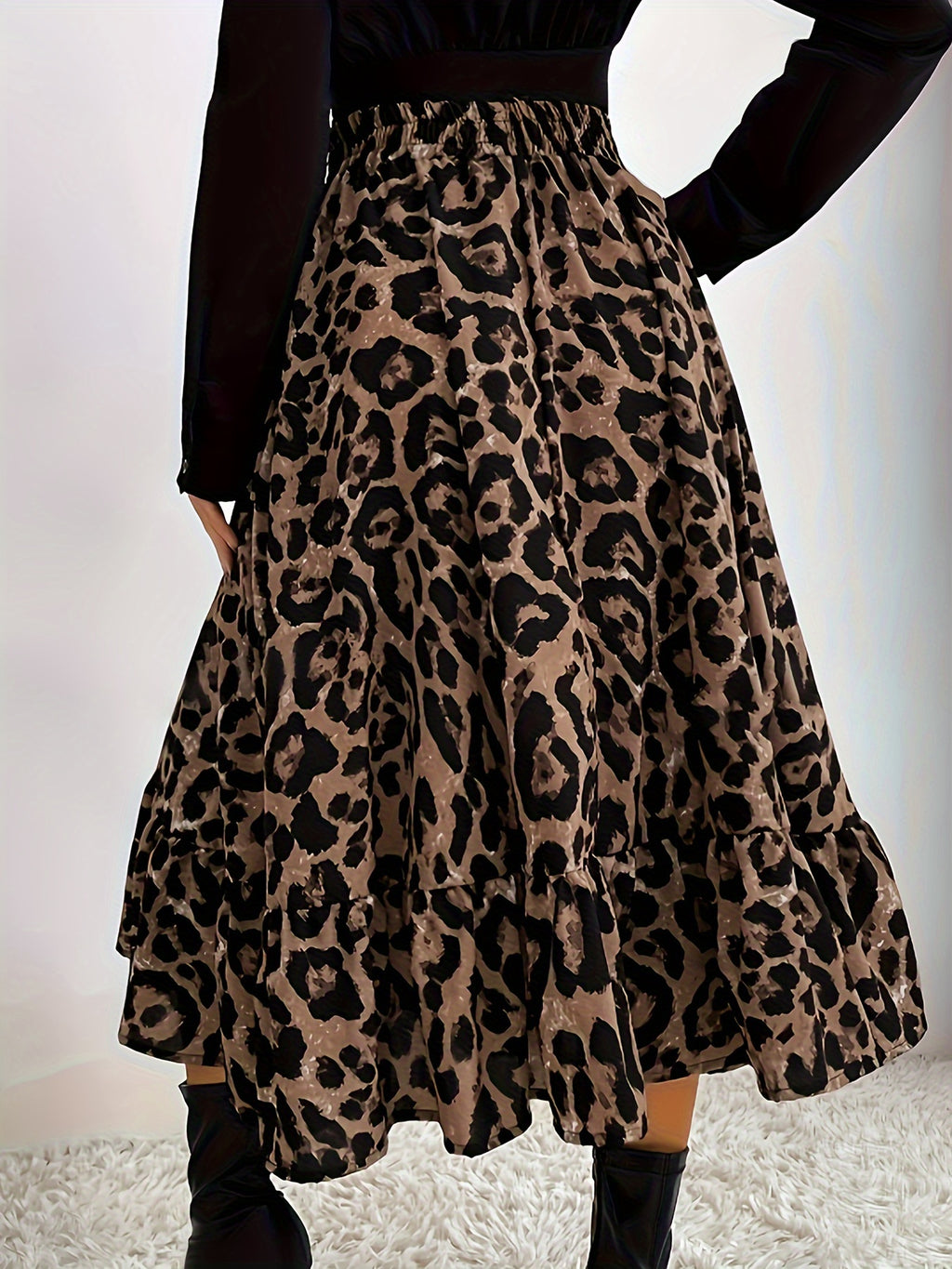 Elegant Leopard Print Midi Skirt with Ruffle Detail - High Waist, Non-Stretch Polyester, Machine Washable - Perfect for All Seasons - Leopard Print