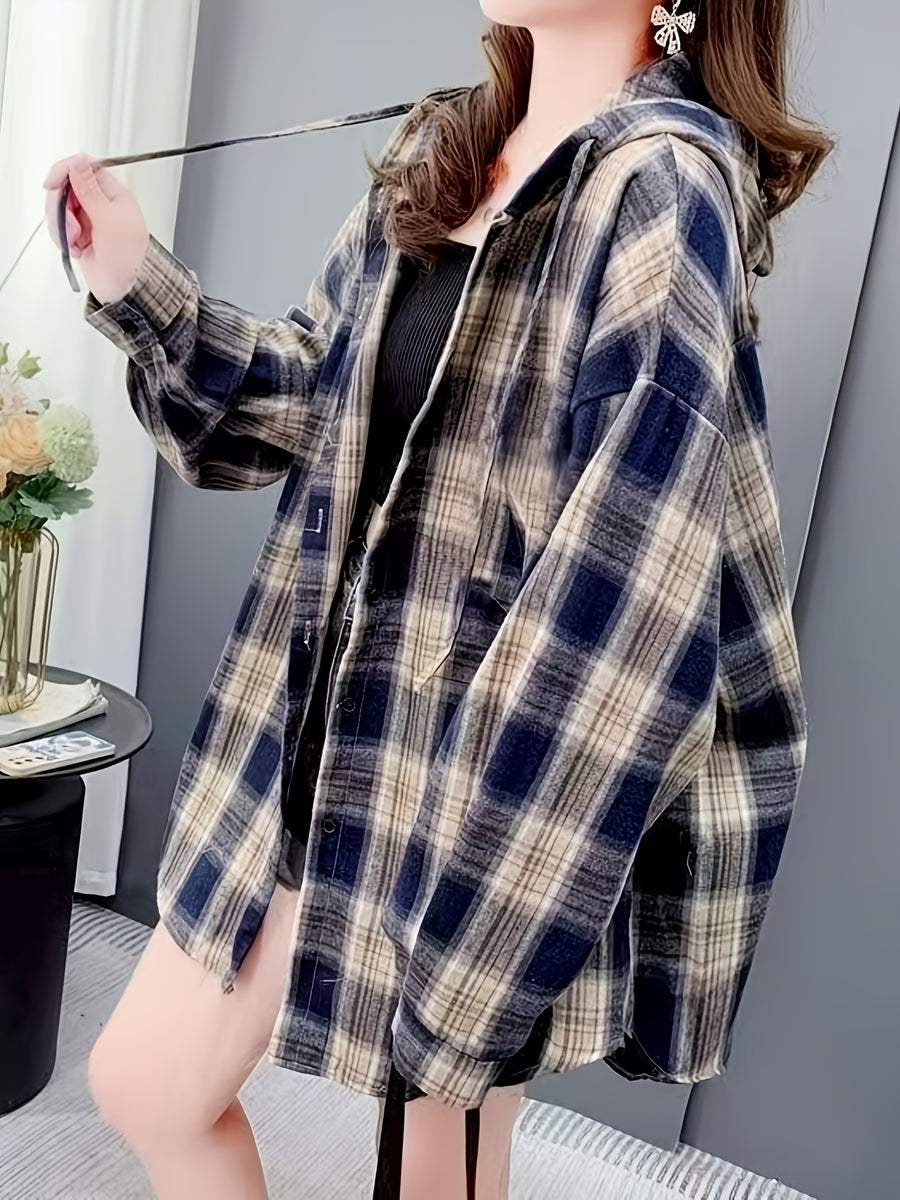 Hooded Mid-Length Plaid Shirt Jacket Women'S Spring And Autumn New Loose High-End Long-Sleeved Cardigan Top, Casual Outing - Mixed colors