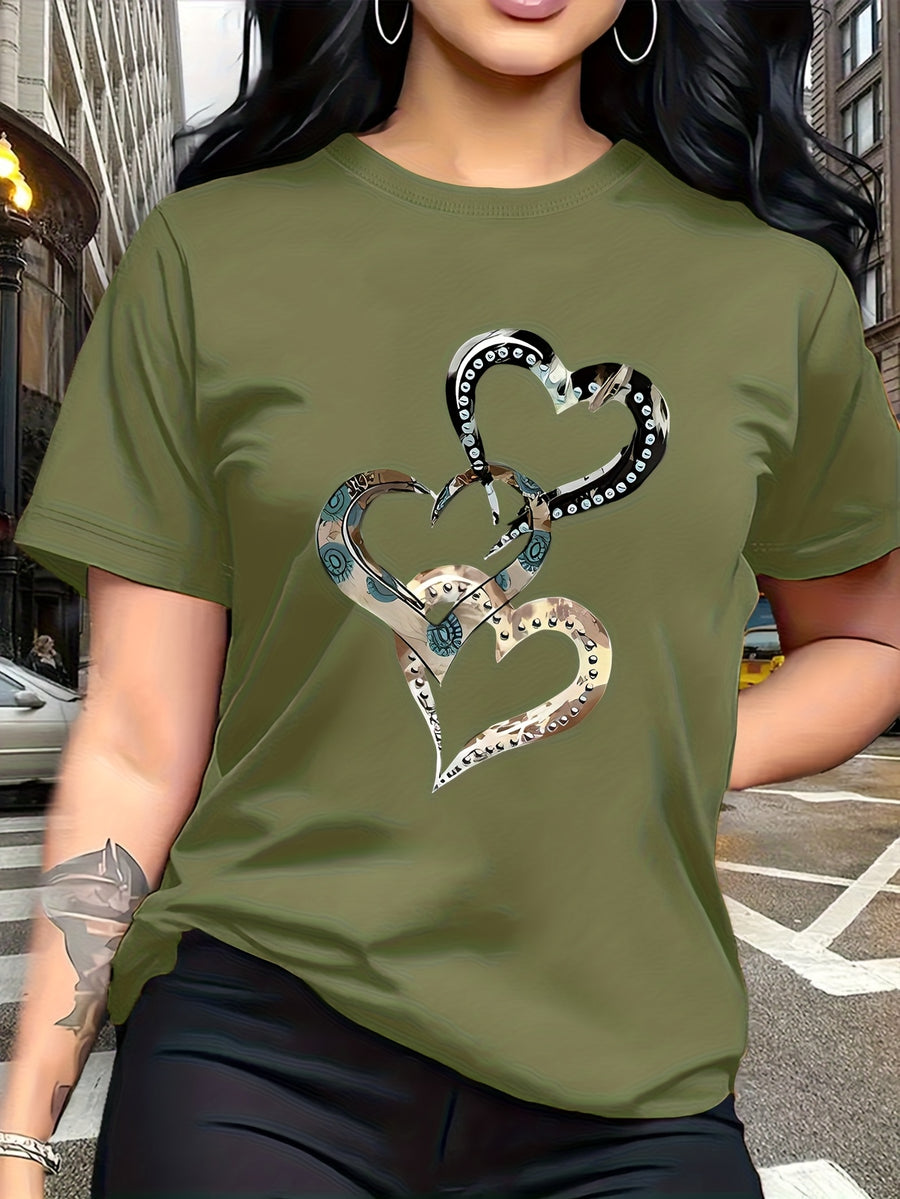 Emotion and Love" Representative, Metallic Art Heart Print Trendy Fashion, Simple Round Neck Casual Versatile Short Sleeve Women's T-Shirt for Leisure, Travel, and Vacation - Green