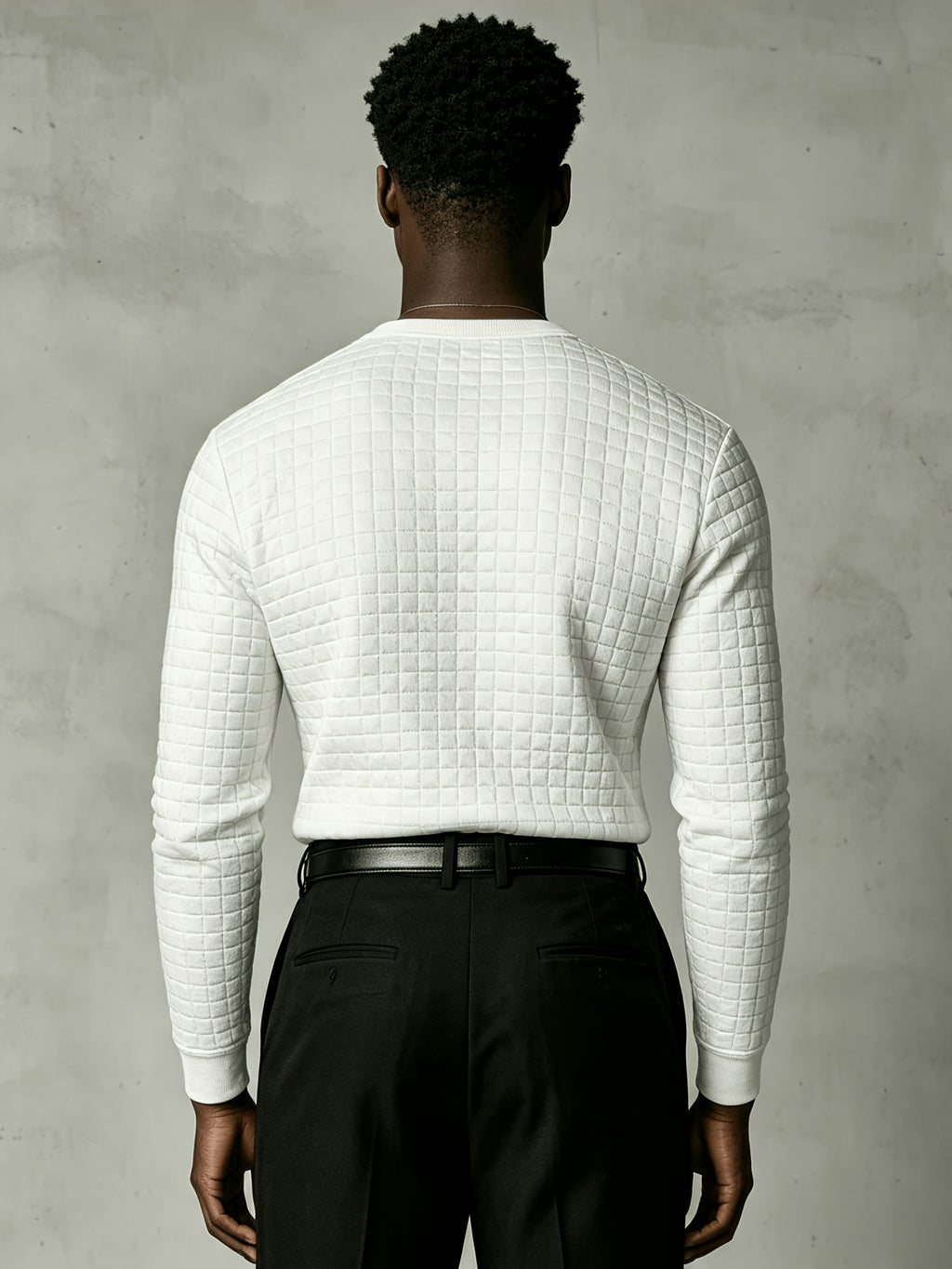 Joshmei OBM New Men's Checkered Embossed Texture Henley Long-Sleeve Shirt, Half-Button Placket Textured Minimalist Casual Top, Autumn/Winter Slim Fit for Daily Commute and Streetwear, Multiple Colors Available - White