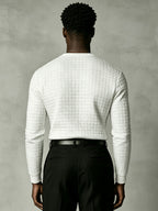 Joshmei OBM New Men's Checkered Embossed Texture Henley Long-Sleeve Shirt, Half-Button Placket Textured Minimalist Casual Top, Autumn/Winter Slim Fit for Daily Commute and Streetwear, Multiple Colors Available - White