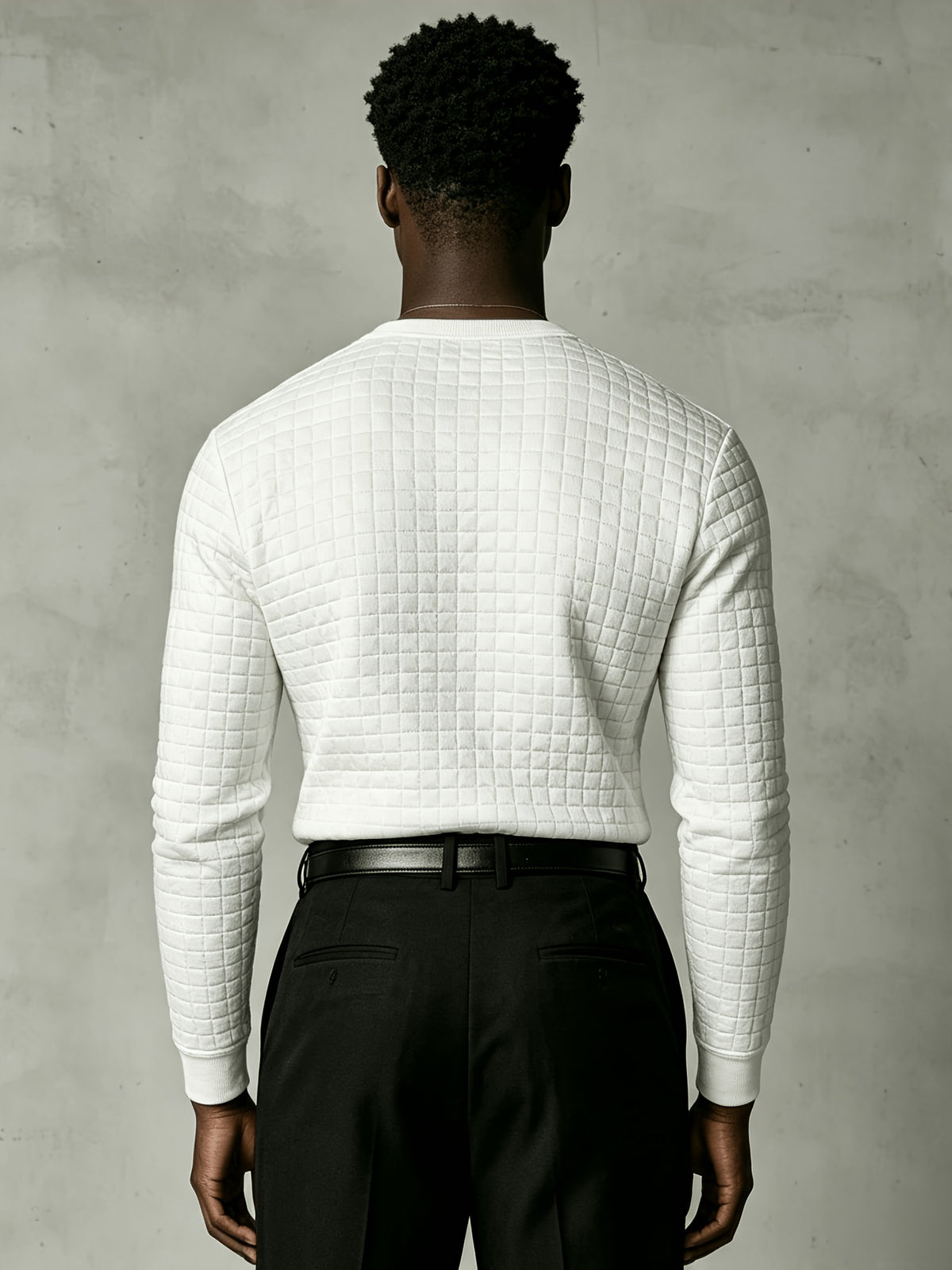 Joshmei OBM New Men's Checkered Embossed Texture Henley Long-Sleeve Shirt, Half-Button Placket Textured Minimalist Casual Top, Autumn/Winter Slim Fit for Daily Commute and Streetwear, Multiple Colors Available - White