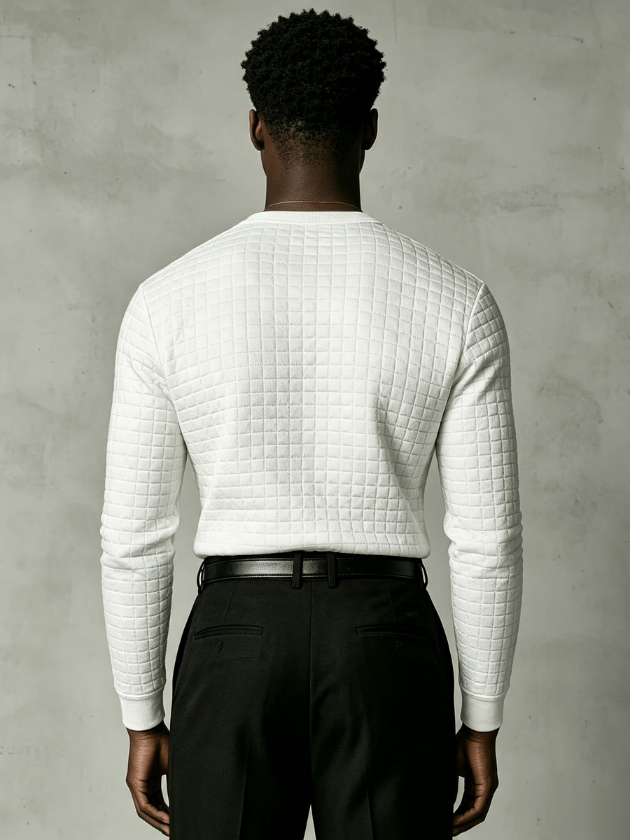 Joshmei OBM New Men's Checkered Embossed Texture Henley Long-Sleeve Shirt, Half-Button Placket Textured Minimalist Casual Top, Autumn/Winter Slim Fit for Daily Commute and Streetwear, Multiple Colors Available - White