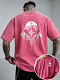Men's Vintage Washed Heavyweight Pure Cotton Short-Sleeve T-Shirt with Nordic Compass Scenery and Mountain Forest Pine Tree Line Art Print - Bright Pink Color