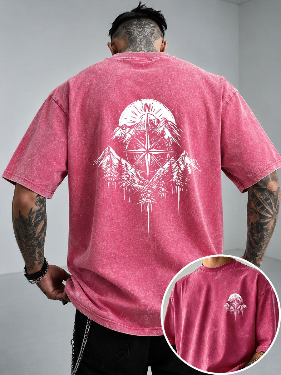 Men's Vintage Washed Heavyweight Pure Cotton Short-Sleeve T-Shirt with Nordic Compass Scenery and Mountain Forest Pine Tree Line Art Print - Bright Pink Color