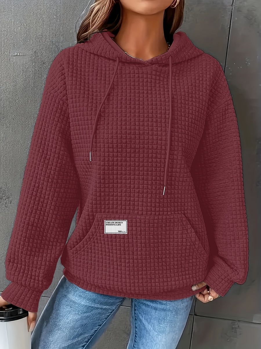 Women's Autumn/Winter Waffle Hooded Long-Sleeve Solid Color Sweatshirt - Burgundy
