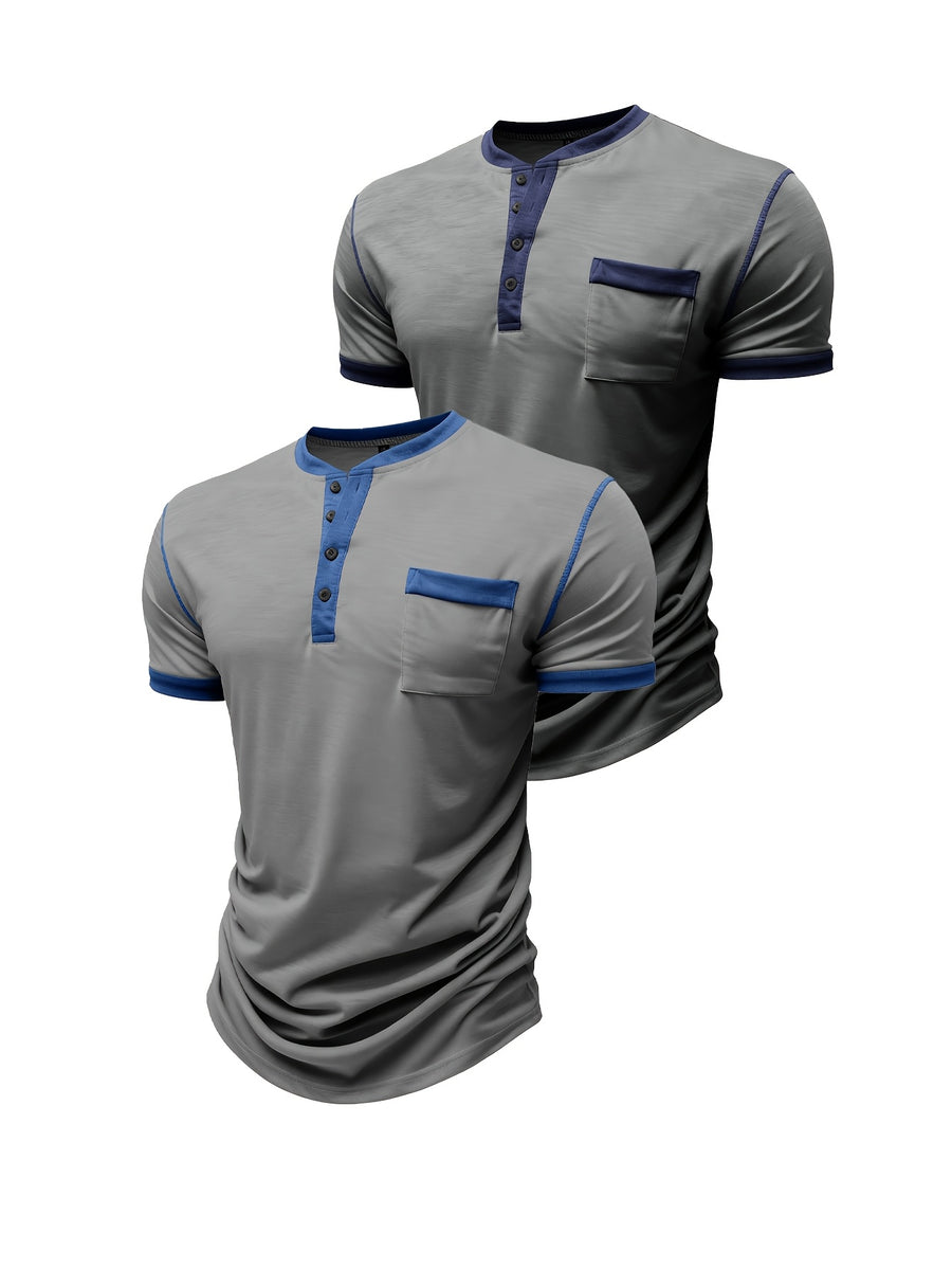 Summer Men'S Short Sleeve T-Shirt Classic Henry Shirt Men'S Short Sleeve Shirt Soft And Skin-Friendly A Must-Have for Summer Breathable And Cool Two-Piece Set for - Dark Gray With Light Gray