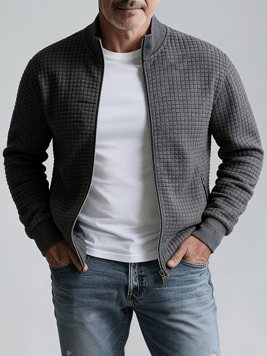 Pearson OBM Men's Casual Jacket, Checkered Embossed Stand Collar Zipper Baseball Jacket, Waffle Texture with Side Seam Slit Pockets, Solid Color Loose Fit Commuter Casual Pilot Jacket for Spring/Autumn - Grey
