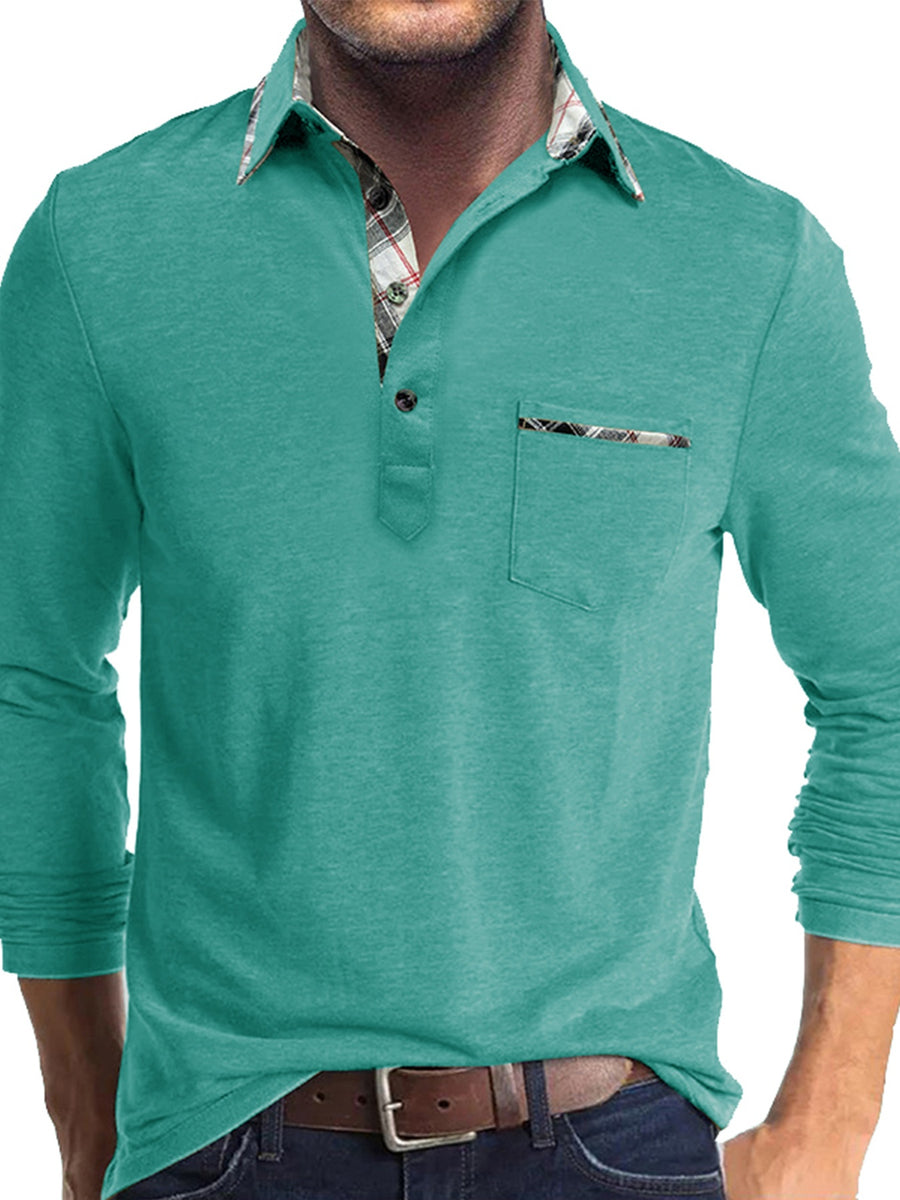 Spring and Autumn Fashion Men's Lapel Pocket Polo Shirt, Solid Color Casual Commuter Pocket Top - Green