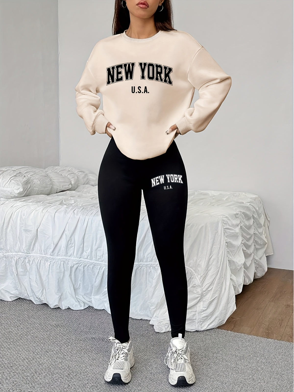 1014Gwen, 1 Set Casual Women'S Sweatshirt Set 2pcs, Letter Print, Round Neck Long Sleeve Sweatshirt, Long Leggings, Single Wear Or Layering, Suitable for Autumn Winter, Women'S Clothing - Apricot+Black