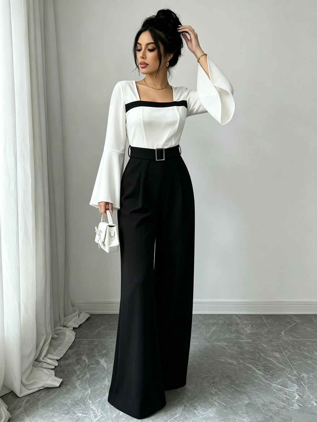 Women's Color-Block Square Neck Flared Sleeve Jumpsuit with High Waist, Cinched Waist, Wide Legs, and Belt - Commuting and Dating Mature Casual Style Jumpsuit - Black And White Color