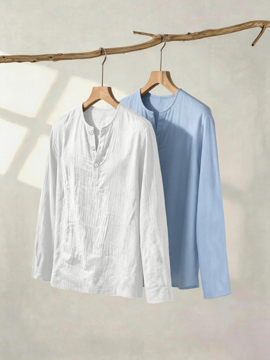 Spring/Autumn New Arrival Men's Cotton-Cotton and Linen Henley Long Sleeve Shirt, 2pcs, Solid Color Casual Top - White+sky Blue