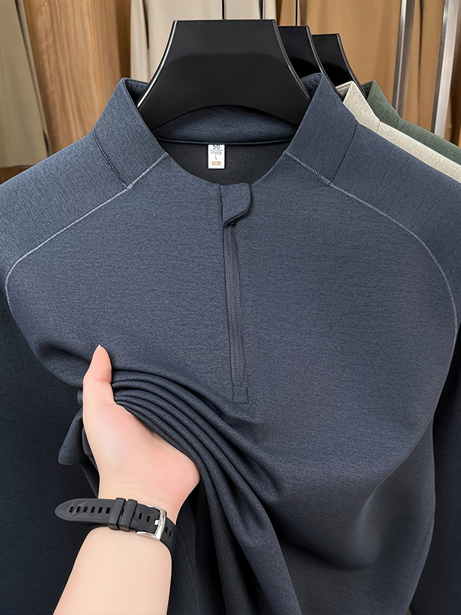 Men's Stand Collar Half-Zip Long Sleeve Base Layer, Raglan Sleeve Cut, Minimalist Business Casual Functional Style Warm Top - SINBOS - Dark Gray