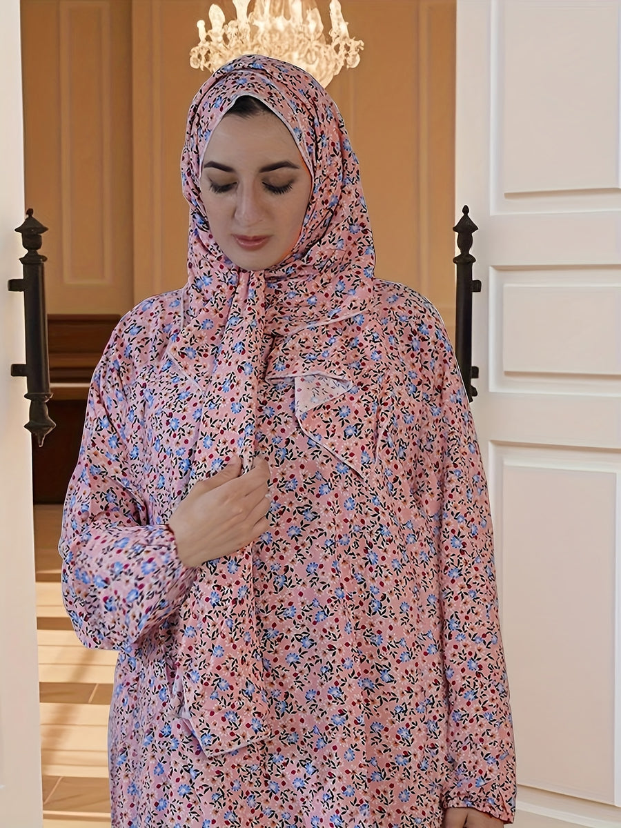 Arab Women'S Abaya Set | Comfortable Fashionable Ditsy Floral Print Long Robe with Integrated Hijab for Ramadan - Pink Color