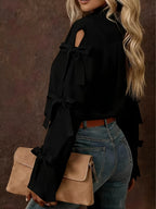 Women'S Solid Color Bow Decorated Long Sleeve Single-Button Shirt, Suitable for Office, Home, Street, And Administration - Black