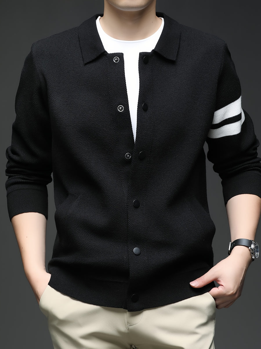 Star Dense Autumn-Winter Men's Striped Buttoned Open Front Long Sleeve Casual Turn Collar Knitted Cardigan, Mens Sleeveless Cardigans, Open Front Cardigan for Men, Cardigan, Men Plus Size Cardigan, Plus Size Mens Cardigan, Winter Wardrobe - Black