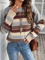 Women's Vintage Casual Sweater - Soft Medium-Stretch Round Neck Long Sleeve, Horizontal Striped Loose Fit Pullover for All-Season Comfort & Everyday Elegance, Cute Sweaters, Elegant Layering Piece, Durable Knitwear - Mixed colors