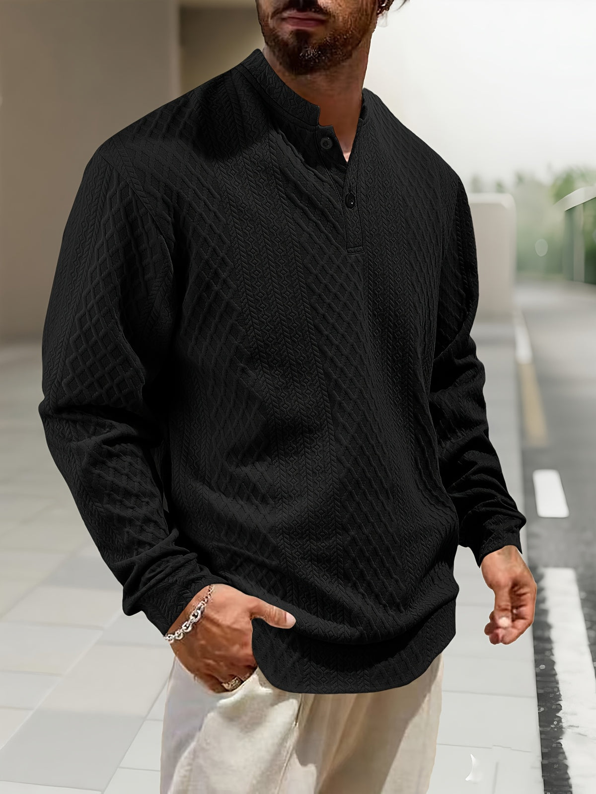 New 3D Jacquard Fabric Henley Shirt - Black