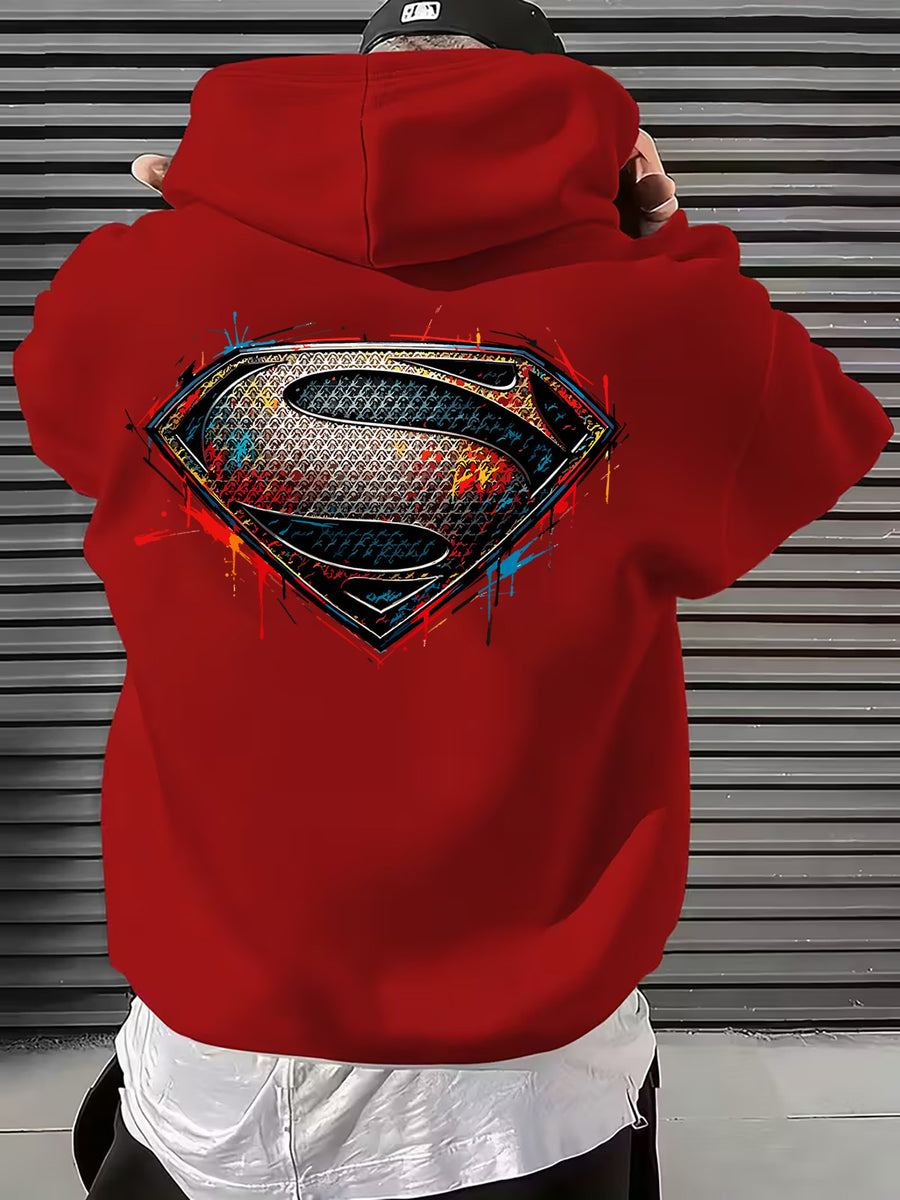 WB Men's & Unisex Superman S Logo Hoodie Sweater - Official Licensed Plush Hooded with Iconic Superman Print, Adjustable Drawstring Hood, Loose Fit for Winter Warmth, Machine Washable Casual Apparel Suitable for Autumn - Red
