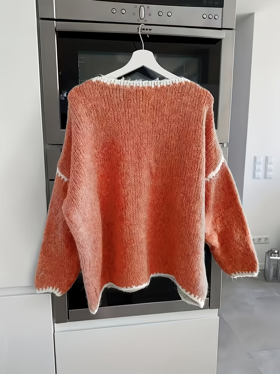 Women's Floral Pullover Elegant Sweater for Autumn and Winter - Orange-Red