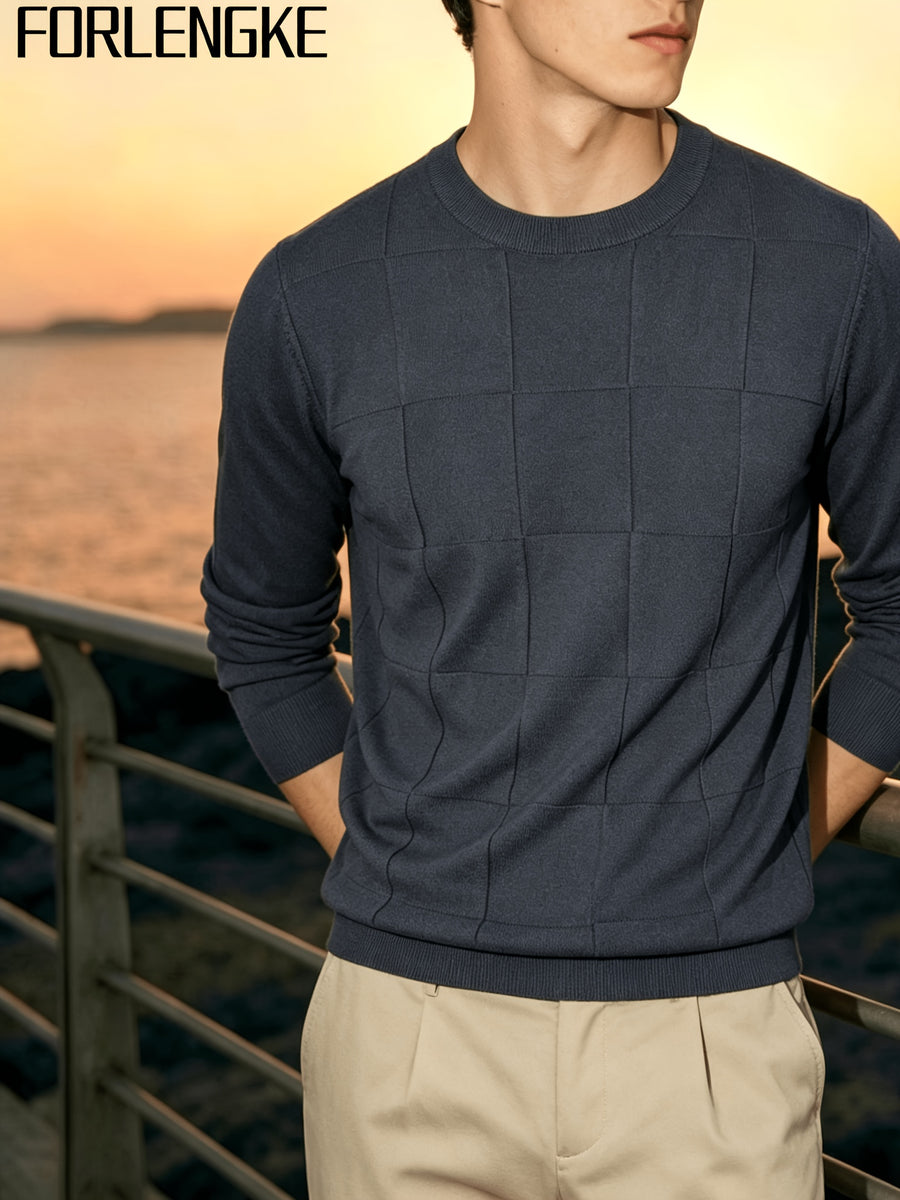 FORLENGKE Stylish Elegant Men'S Business Casual Grid Textured Crew Neck Knit Sweater, Soft Warm Long Sleeve Pullover for Fall Winter Office Daily Wear - Grey