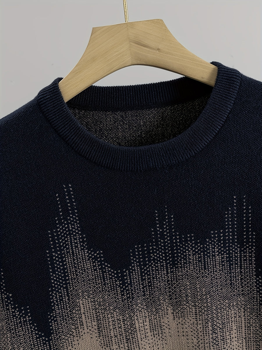 Men's Gradient Jacquard Sweater, Autumn/Winter Versatile Casual Knit Pullover - Navy Color