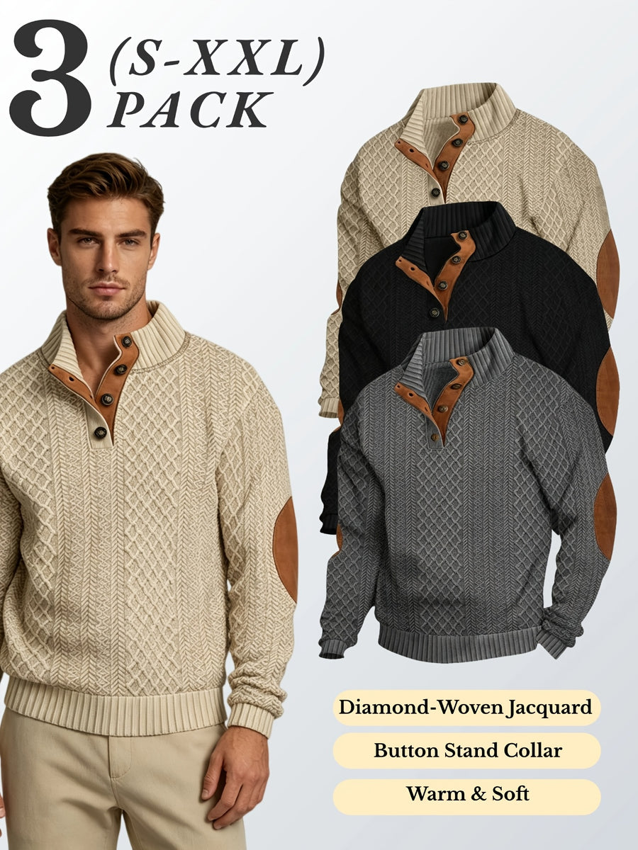 3pcs Men'S Textured Jacquard Knit Sweater Retro Casual Button-Up Stand Collar Long Sleeve Top for Autumn Winter Outing Home Versatile Basic Solid Color - Khaki+Black+Dark Gray