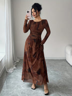 Women'S Elegant Elastic Waist A-Line Brown Long Dress, Wedding Guest Gown for Parties, Fashionable And Versatile - Coffee Color