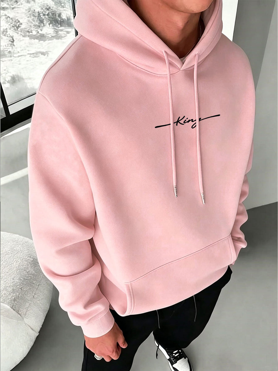 American High Street Handwritten Signature Hooded Sweatshirt for Men, Trendy Casual Pullover Top, Versatile Daily Wear, Slimming Long Sleeve Commuter Hoodie - Pink Color