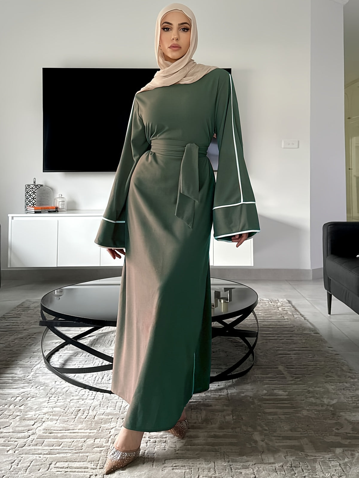1pc Fashion Pullover Abaya, Simple Style Dress with Middle Eastern Muslim Conservative Belt - olive drab