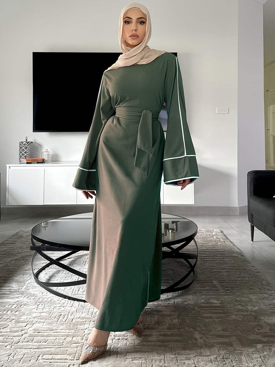1pc Fashion Pullover Abaya, Simple Style Dress with Middle Eastern Muslim Conservative Belt - olive drab
