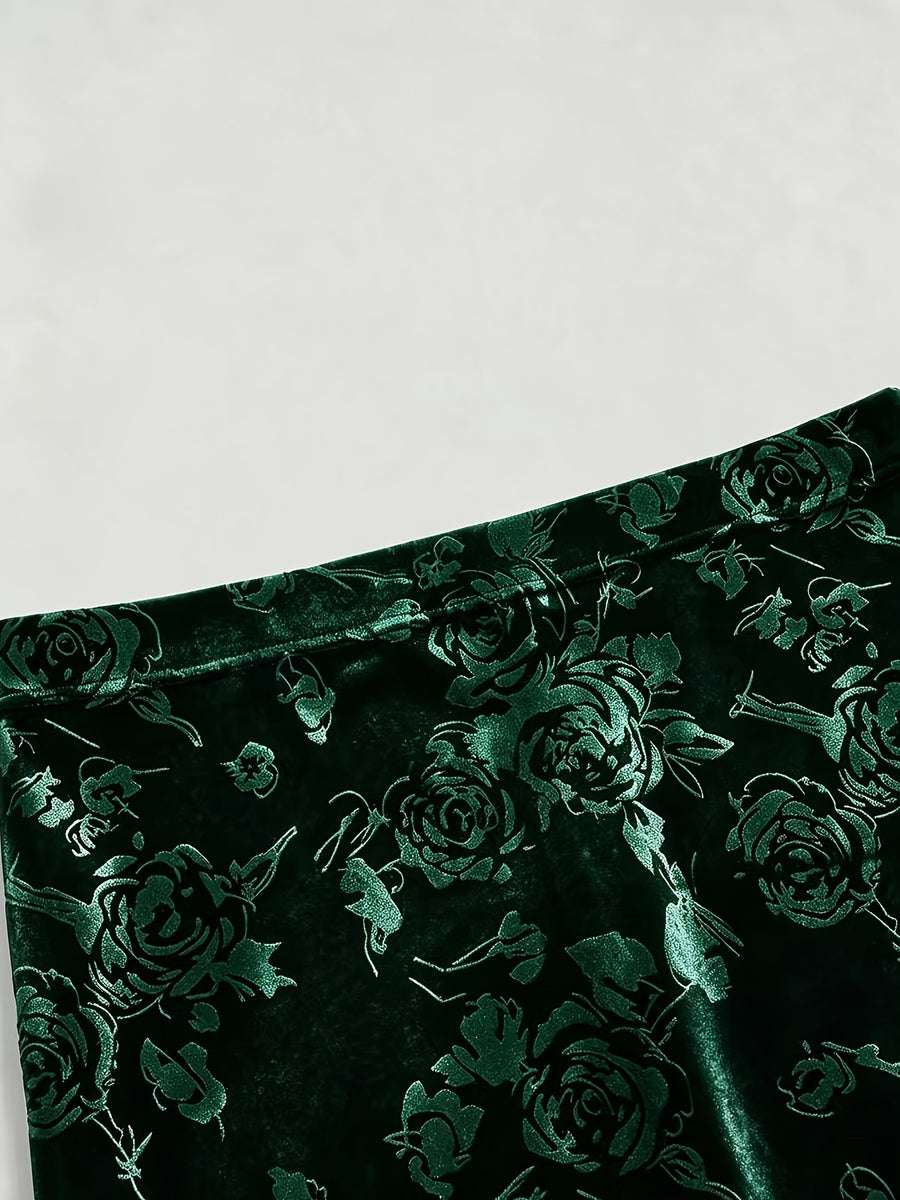 Elegant Velvet Three-Dimensional Rose Embossed Mermaid Skirt, Baita Fashion Dress - Dark Green