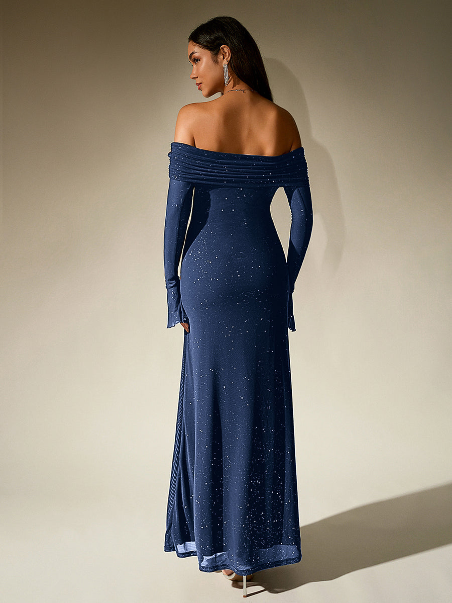 PARTHEA NewAsia Women's Bell Sleeve Off Shoulder Sequin Long Dress Backless Double Layer Club Party Sparkling Mesh Maxi Dresses Brown - navy