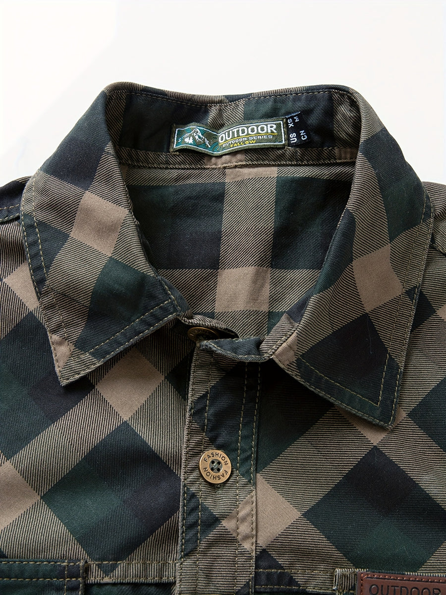 New Men'S Plaid Long-Sleeve Shirt Made of Pure, Washed for a Vintage Look, Lightweight with Double Pockets, Breathable Fabric Suitable for Spring And Autumn, Perfect for Outdoor Leisure - Olive Green