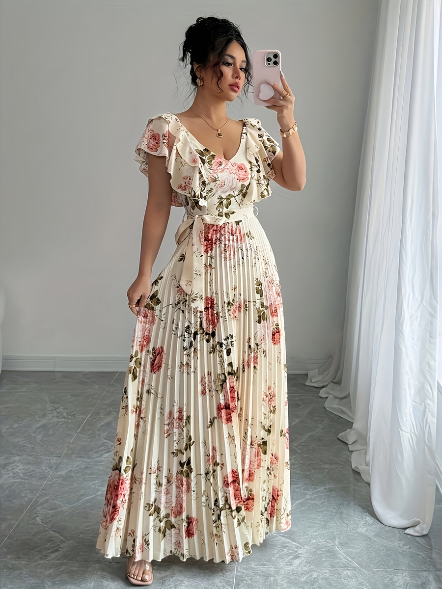 V-Neck Digital Floral Print Vacation Ruffled Waist A-Line Elegant Romantic Women'S Dress - Apricot